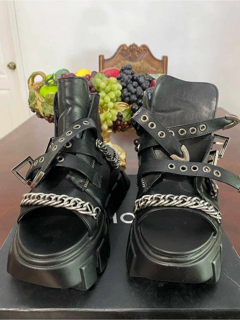 Black Platform Sandals with Skull Accent and Chain Detail